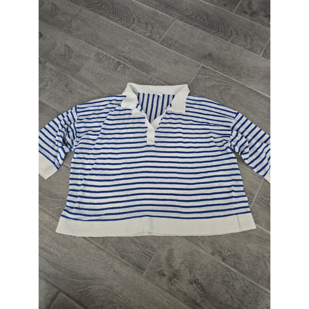 Poetry Blue White Striped Linen Knit Polo Shirt US 16 Relaxed Nautical Top M/L
